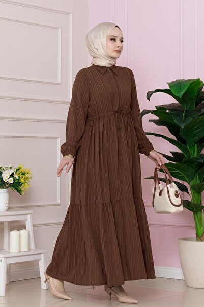 Sevitli Καφέ φόρεμα Sare - Πουκάμισο γιακά και σήραγγα μέσης