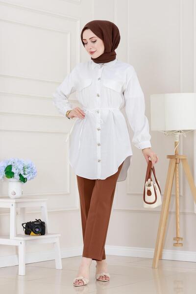Sevitli Pocket Covered Waist Lace-Up Tunic-White