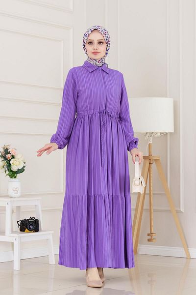 Sevitli Shirt Collar Waist Tunneled Sare Dress-Purple