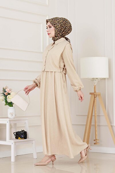 Sevitli Σετ Φόρεμα με Πλαϊνές Κορδέλες-Μπεζ