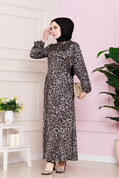 Sevitli Βραδινό φόρεμα Hijab με κορδόνια με σχέδιο Leopard - VIZON