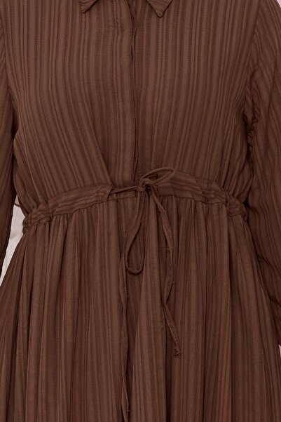 Sevitli Καφέ φόρεμα Sare - Πουκάμισο γιακά και σήραγγα μέσης