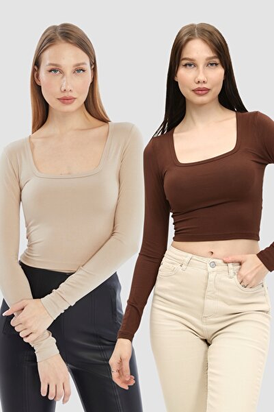 LAENT Kadın Krem Kahverengi Kare Yaka 2'li Crop Body
