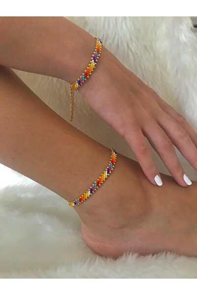 Genel Markalar Gökkuşağı Renklerinde Örgülü Altın Halhal Ve Bileklik Seti