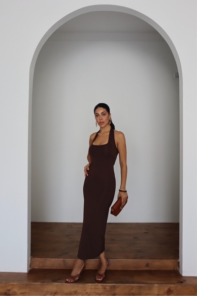 MEGOMEL Boyundan Bağlamalı Kollusuz Likralı Uzun Elbise