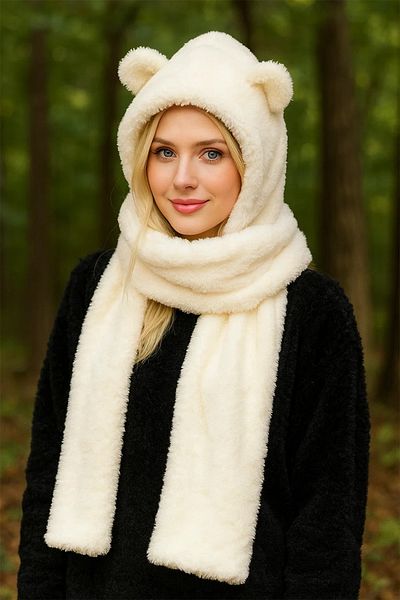 BAHELS Imported Hooded Plush Beanie Scarf Women's Welsoft Fleece Neck Collar Shawl Windproof Hat with Ears
