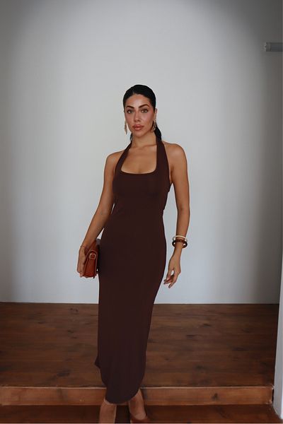 MEGOMEL Halter Neck Sleeveless Lycra Long Dress