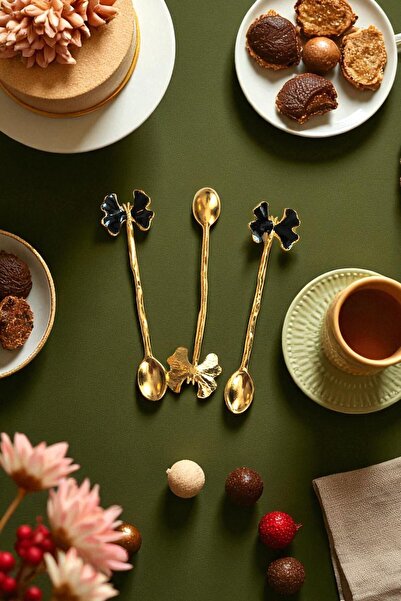 CHANCE GİFT Gold Plated Butterfly Figure Enamel Set of 6 Tea Spoons (BLACK)