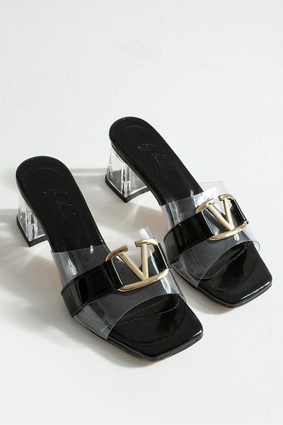 MUFUMA Black Patent Leather V Buckle Women's Shoes Transparent Heeled Slippers