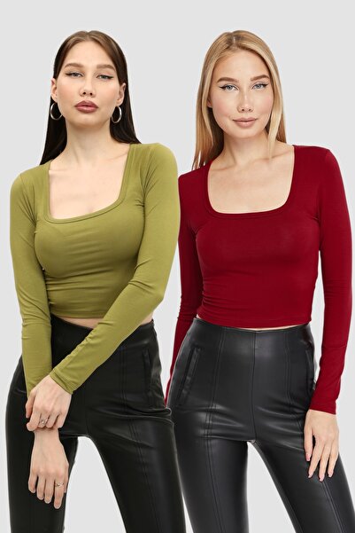 LAENT جسم قصير باللون الأخضر الزيتي - ياقة مربعة، طقم مكون من قطعتين