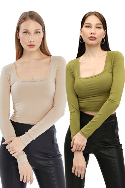 LAENT Kadın Krem Yağ Yeşili Kare Yaka 2'li Crop Body