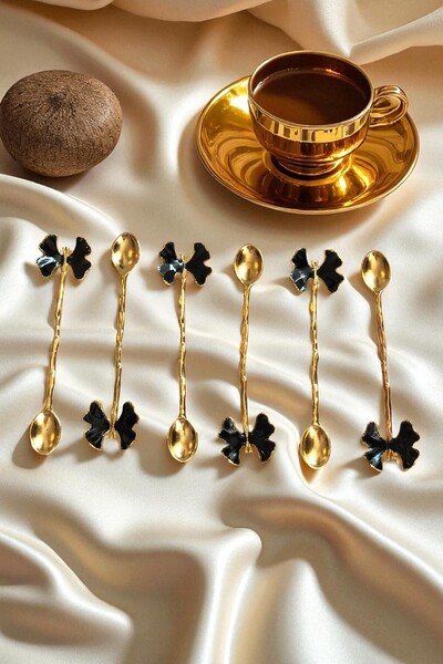 CHANCE GİFT Gold Plated Butterfly Figure Enamel Set of 6 Tea Spoons (BLACK)