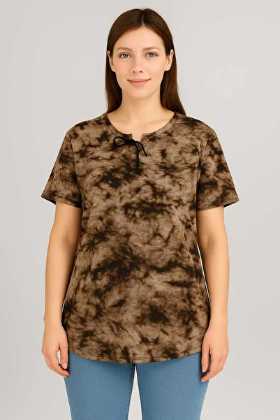 Vinola Women's Plus Size Baby Collar Lace Detail Tie-Dye Pattern Blouse