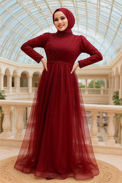 Neva Style Pearl Detailed Burgundy Hijab Evening Dress 56641Br