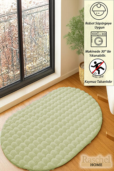 Raschel Carpet Krem Yumuşak Bubble Kaymaz Özel Taban Oval Peluş Halı Yolluk