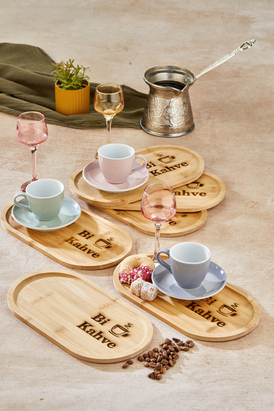 EMBazaar Set of 6 Bamboo Coffee Presenters – Oval, Coffee Pattern, Bi Coffee