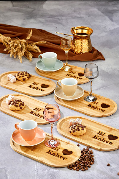 EMBazaar Set of 6 Bamboo Coffee Presenters – Oval, Heart Pattern, Bi Coffee