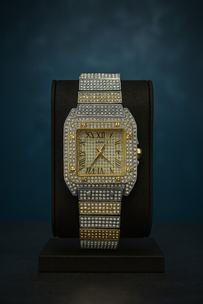Gold Power Lüks Metal Kordon Taşlı Takvimli Romen Rakamlı Kadın Kol Saati