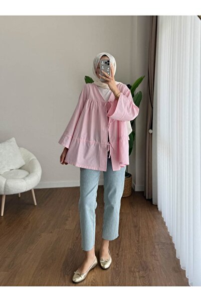 RFK Butik Kadın Büzgülü Önden Bağlamalı Poplin Kimono Pembe