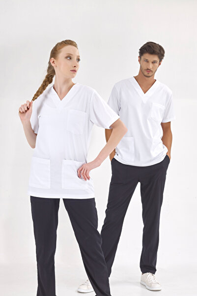 ÇİZGİ MEDİKAL قميص أبيض سيلفا فاخر من الليكرا للطبيب والممرضة (قماش ليكرا فاخ...