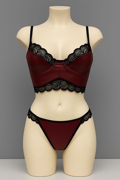 WİYONA Women's Leather Underwire Lace Bra Set