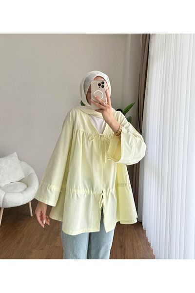 RFK Butik Women's Drawstring Front Tie Poplin Kimono Yellow