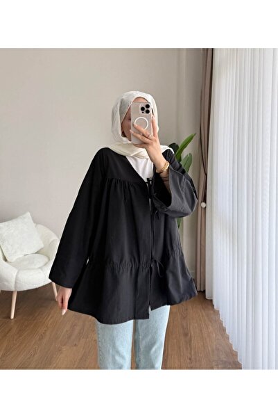 RFK Butik Women's Drawstring Front Tie Poplin Kimono Black