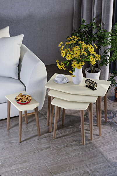 GOLDFALEZ Zigon Sehpa 4'lü Ahşap Ayak Elya Yan Sehpa Orta Sehpa Krem