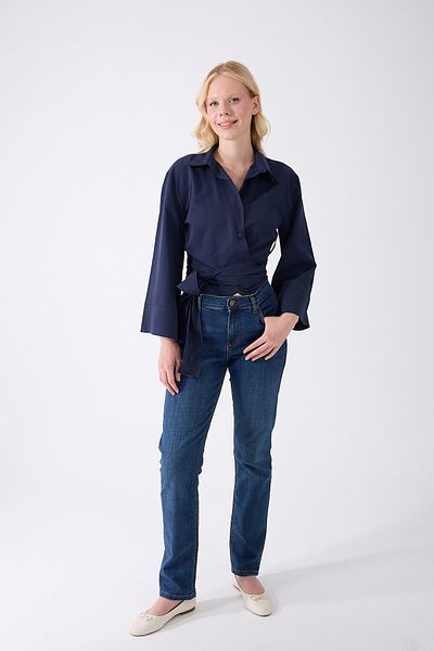Fumel Women's Navy Blue Spanish Sleeve Tie Waist Belted Shirt