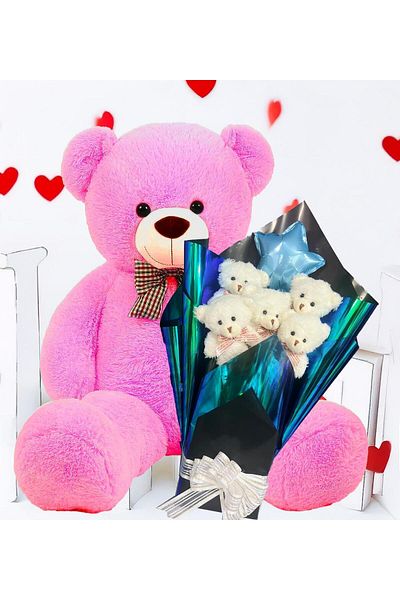 Sole Premium 90 cm Plush Bear and Star Balloon, White Plush Teddy Bear Bouquet in Hologram Presentation