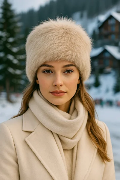 Luminos Butik Beige Plush Textured and Furry Heart Hat - Fluffy and Soft Structure Spk1141