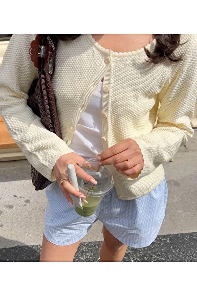 De Pose Kadın Limon Sarısı Petek Örgü Düğmeli Triko Hırka