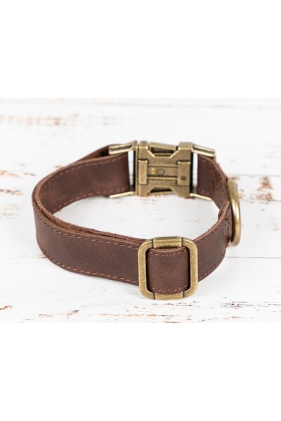 PLM Gerçek Deriden El Yapımı Köpek Tasması, 50cm Ayarlanabilir Ölçü, Kahverengi