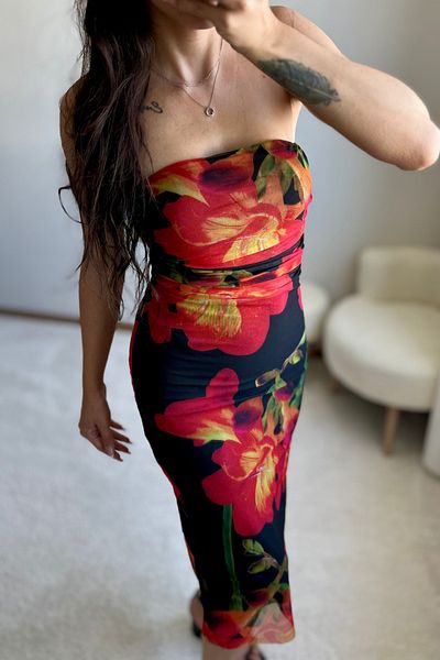 MoyStore Black Rose Pattern Strapless Midi Dress
