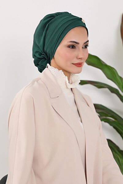Aisha's Design Aerobin Fabric Ready-Made Turban with Accessories, Ht-95, Dark Green