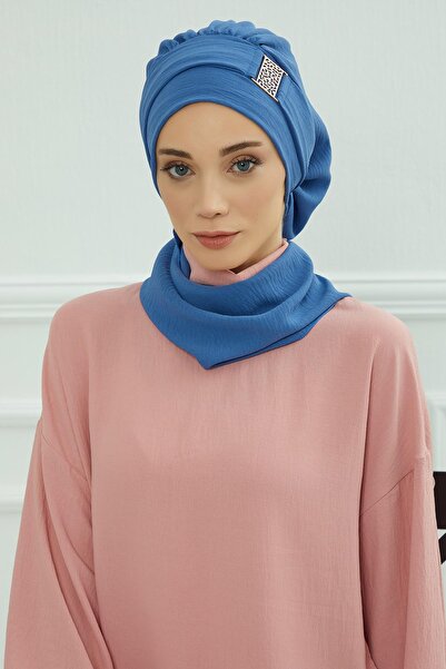 Aisha's Design Готова хустка з золотими аксесуарами з тканини Aerobin, HT-11A, синя