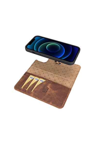 Bouletta Apple iPhone 13 Uyumlu Deri Cüzdanlı Kılıf LEO-1 Leopar