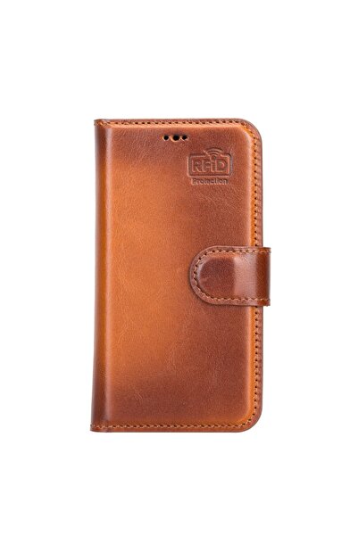 PLM Apple iPhone 13 Mini Uyumlu Deri Cüzdanlı Kılıf RST2EF Taba