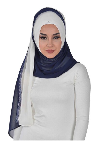 Ayşe Tasarım Practical Chiffon Shawl, Ps-23, Cream - Navy Blue