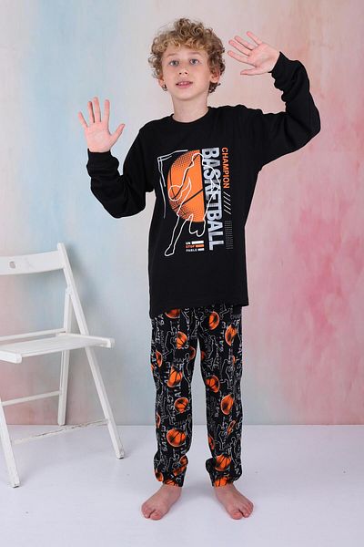 Mutlu City New Season Boys' Gez Garson Basketball Long Sleeve Cotton Interlock Pajama Set 5154-Black