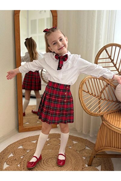 DUDOR KİDS Girl's Red Plaid Skirt White Shirt and Scarf Triple Set-Holiday Suit-23 April