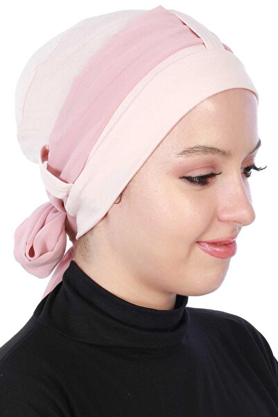 Ayşe Tasarım Chiffon Belted Combed Cotton Bonnet, B-36, Powder