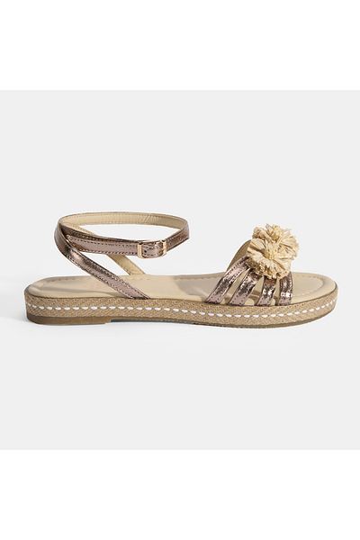 Desa Women's Platinum Adjustable Buckle Metallic Leather Sandals with Flower Detail