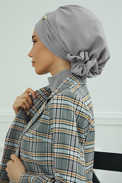 Aisha's Design Aksesuarlı Aerobin Kumaş Hazır Türban,HT-95,Gri