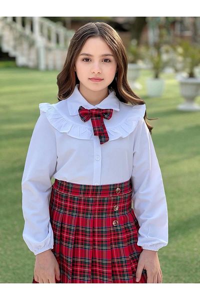 DUDOR KİDS Girl's Red Plaid Skirt White Shirt and Scarf Triple Set-Holiday Suit-23 April