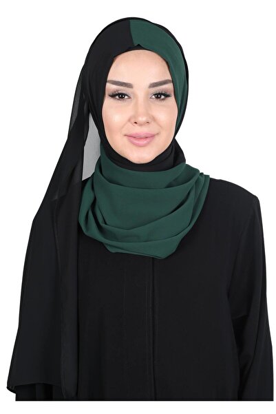 Ayşe Tasarım Dual Color Practical Chiffon Shawl,Ps-102,Dark Green - Black