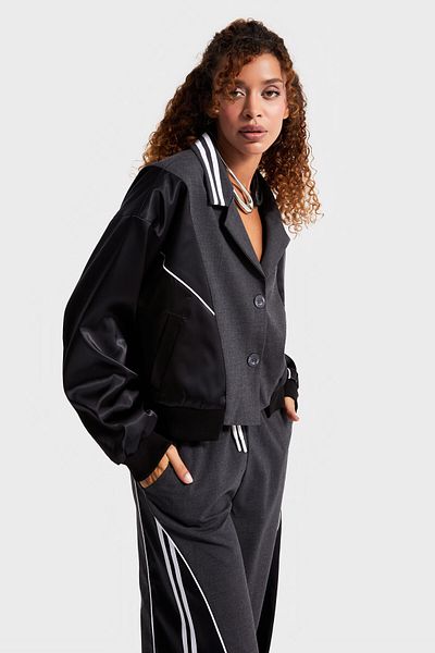 its basic Women's Anthracite Color Satin and Woven Double Piece Fabric Special Design Jacket