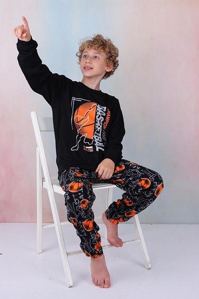 Mutlu City New Season Boys' Gez Garson Basketball Long Sleeve Cotton Interlock Pajama Set 5154-Black