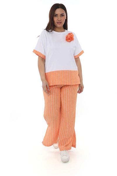 EXİTLİNE Women's Summer Orange Rose Stick T-Shirt Pants Set