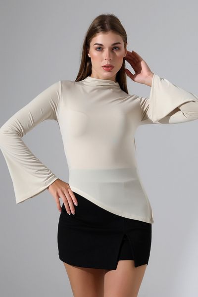 Butik Beyza Asymmetrical Cutout Drawstring Spanish Sleeve Stretchy Fabric Blouse